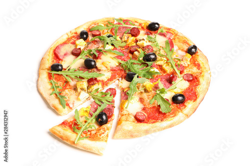 Meat pizza with arugula isolated on white background