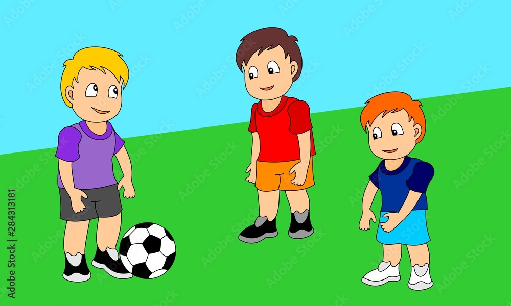 Three boys playing football. Vector illustration of a little boys playing sports. Three boys playing football. Vector illustration of a little boys playing sports.