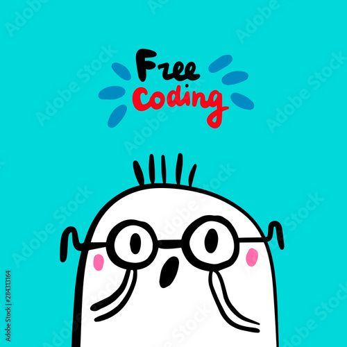 Free coding hand drawn vector illustration in cartoon style. Boy programmer