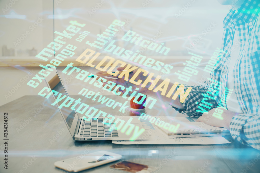 Blockchain theme hud with man working on computer on background. Concept of crypto chain. Double exposure. Blockchain theme hud with man working on computer on background. Concept of crypto chain. Double exposure.