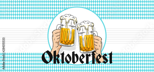 Simple oktoberfest banner poster design. Two hands holding full glass of bear toasting drawing style vector illustration with bavaria germany flag pattern background.