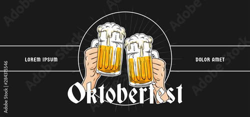 Simple oktoberfest banner poster design. Two hands holding full glass of bear toasting drawing style vector illustration with dark black background.