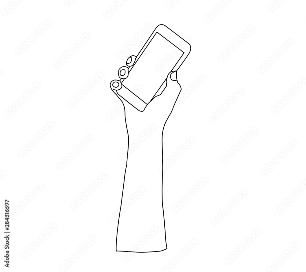 Hand and phone. Illustration. Black hand on a white background Hand and phone. Illustration. Black hand on a white background