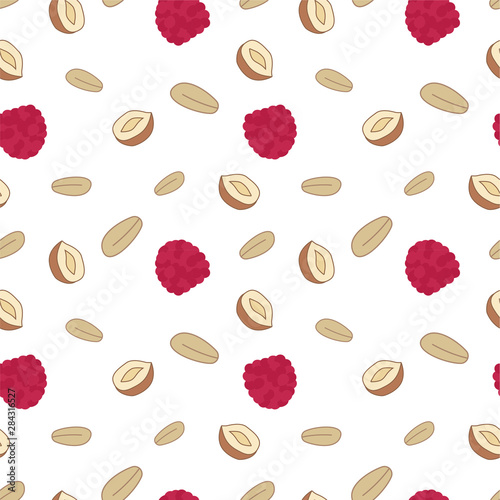 granola muesli raspberries nuts proper nutrition seamless pattern