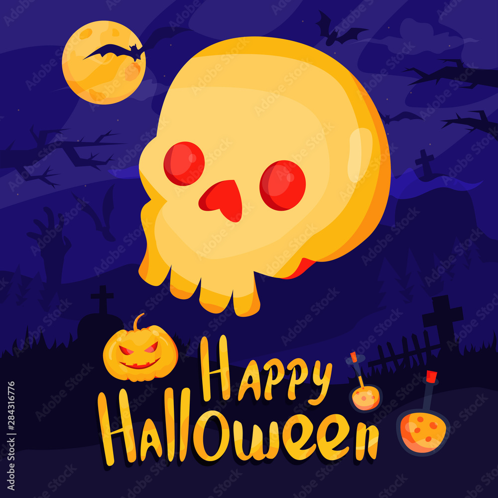 Fototapeta premium Modern vector illustration. Happy Halloween vector banner on mystery background with bats and tombs. For party posters, greeting cards.