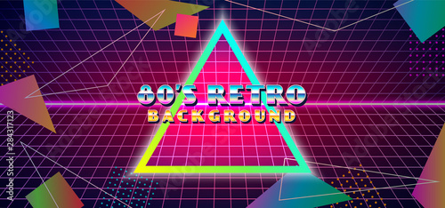 Futuristic retro 1980s style abstract cover banner design. 80s colorful gradient effect geometry shape vector illustration with cyber space grid and glowing neon horizon background