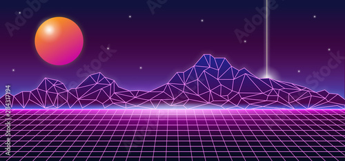 Retro futuristic 1980s style mountain landscape background glowing sun planet and vertical line laser. 80s Sci-fi digital space surface grid with bright neon light effect horizon vector illustration.