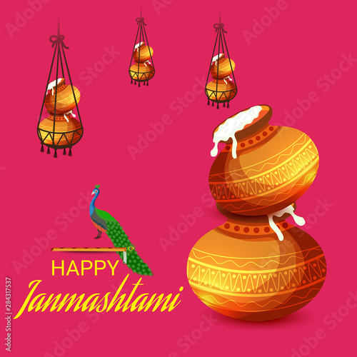 Vector illustration of a Background or Brochure for indian festival of Happy Janmashtami Celebration.