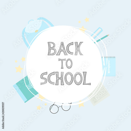 Vector illustration with school knapsack, books, pencils, eyeglasses and text Back to School.