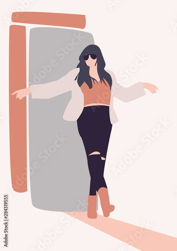 abstract flat illustration of a woman walking out of a door about to travel and live freedom
