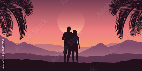 romantic couple at tropical red mountain landscape in purple colors vector illustration EPS10