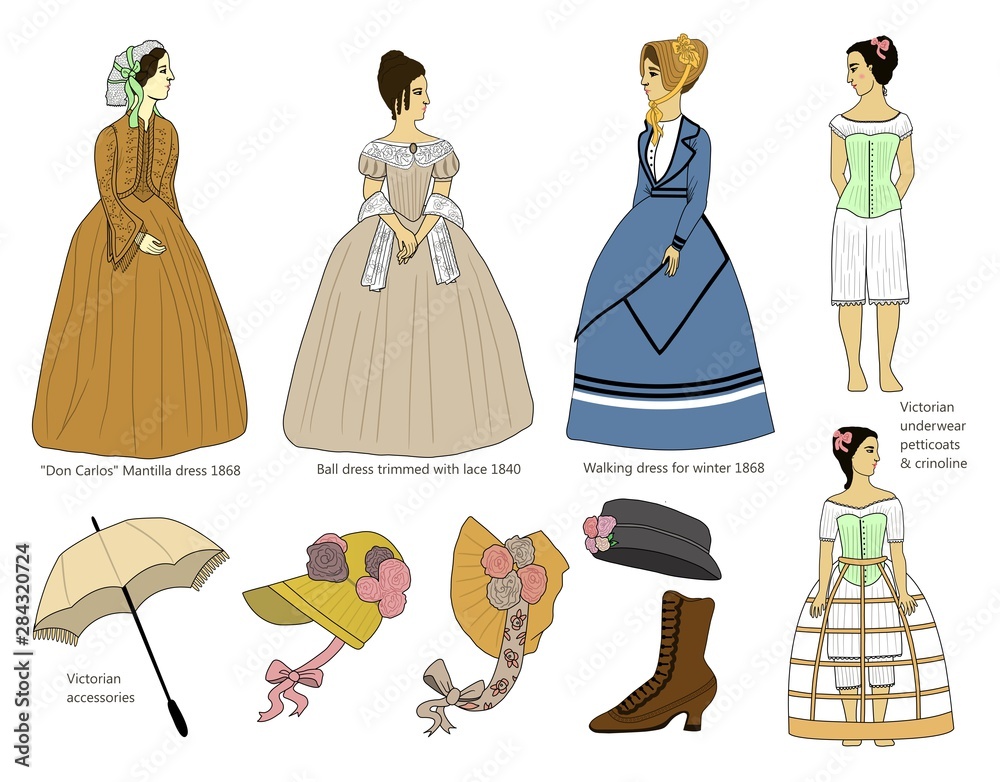 An illustration of fashion garments and accessories from the Victorian era  1830-1870 including hats, lace cap, shoes and underwear. ilustração do  Stock