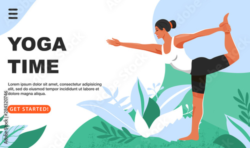 Sporty woman practicing yoga and standing in lord of the dance exercise. Girls doing Natarajasana yoga pose. Website landing page design template. Vector.