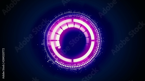 Fototapeta Naklejka Na Ścianę i Meble -  Abstract futuristic motion graphics circular clockwork mechanism assembles, rotates, turns on with glow. Digital isolated design background element. Technology mechanism activation concept 3D render