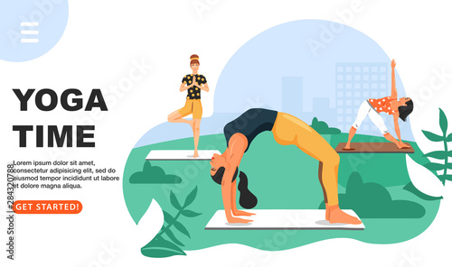 Sporty women practicing yoga in the park. Girls standing in various poses. Website landing page design template. Vector.