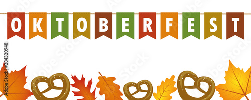 oktoberfest party flags banner with autumn leaves and pretzel vector illustration EPS10