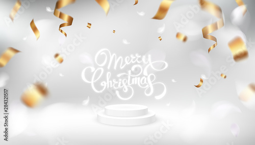 Merry Christmas white background design with golden ribbon decoration