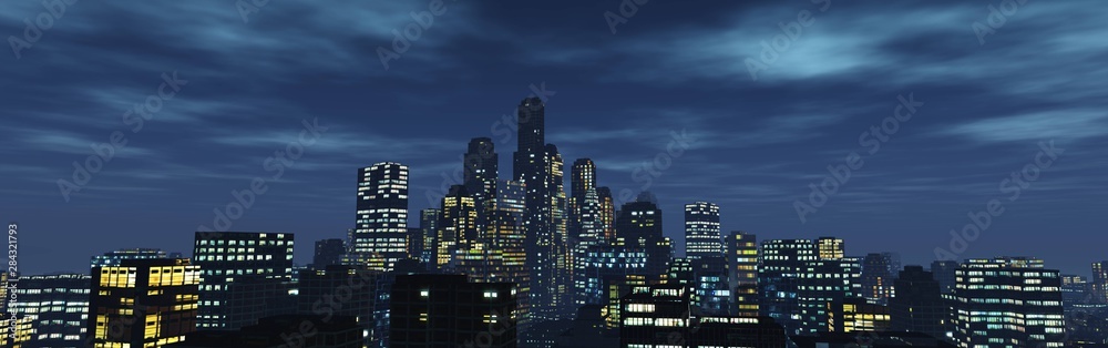 Evening city. Modern city in the evening. Night city at sunset. Banner. , 3d rendering