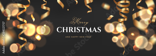 Merry Christmas black background design with golden ribbon decoration