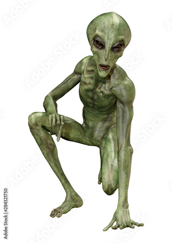 3D Rendering Green Alien on White