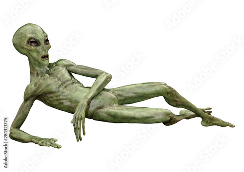 3D Rendering Green Alien on White