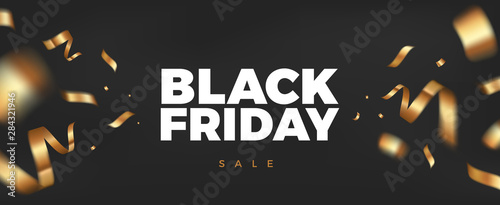 Black Friday background design with golden ribbon decoration