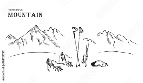 Alpine equipment on a background of mountains. Hand drawn vector illustration. Black line on a white background.