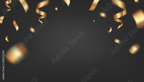 Rich luxury vector design. Black golden background with flying gold confetti and empty space. Elegant festive decoration, gift card or web banner template