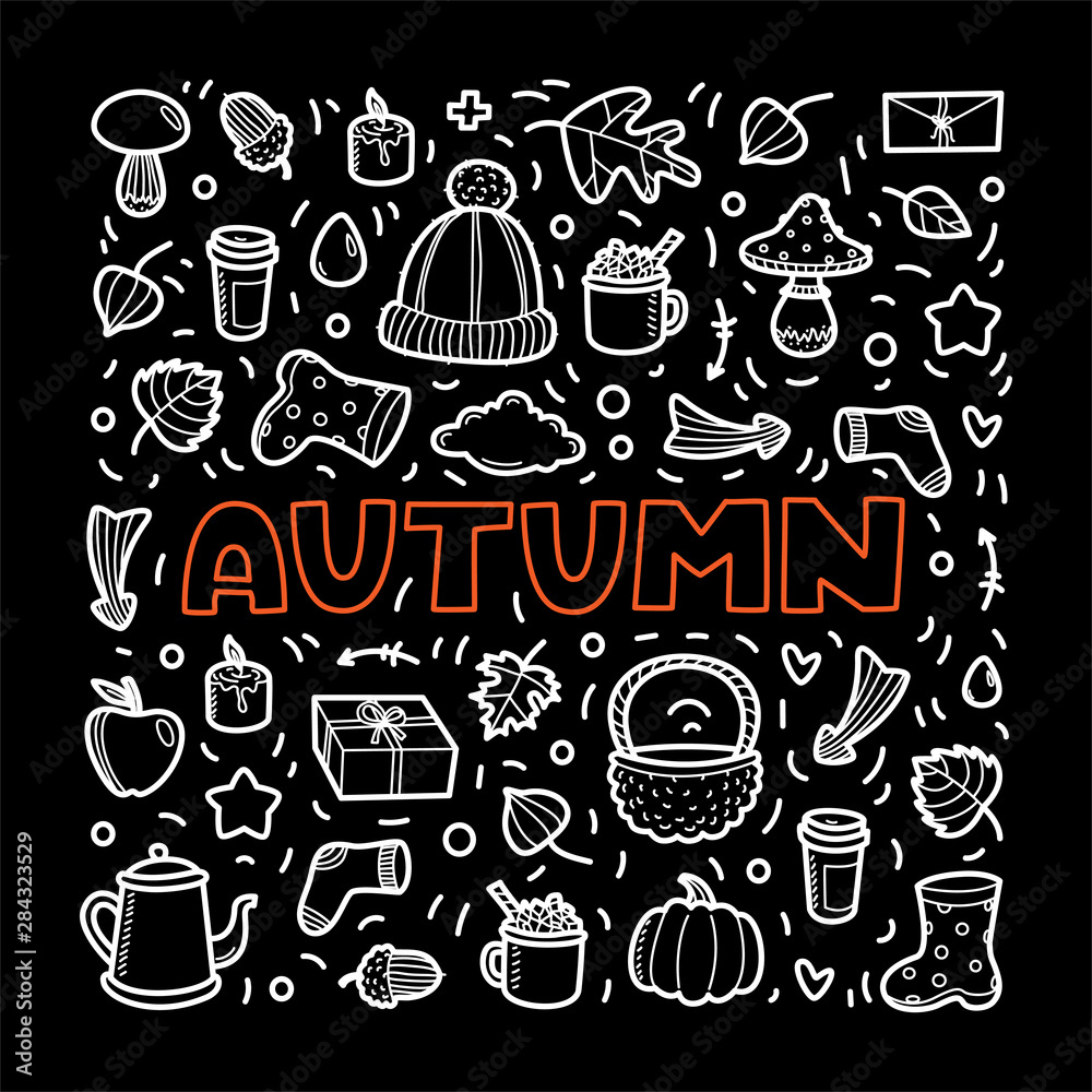 Fototapeta premium Autumn lineart icons doodles elements collection. Vector set