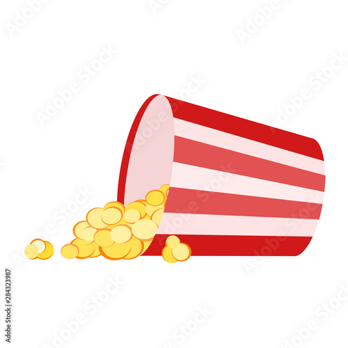 Vector illustration of a round striped popcorn bucket lying on its side with pop corn spilling out of it. Movie snack. Time to watch and eat. Isolated in white background. Flat clip-art.