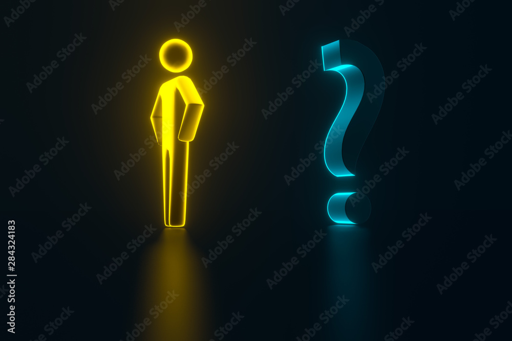 3d gold businessman opposite a question mark. Man business concept. 3d person with a blue question mark. 3d rendering 3d gold businessman opposite a question mark. Man business concept. 3d person with a blue question mark. 3d rendering