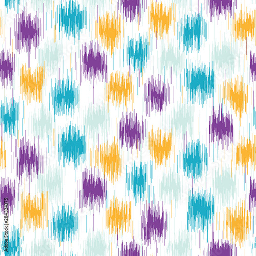 Seamless pattern paint splash tie dye polka dot drop. White spotty boho ikat summer background. Vector textile swatch.