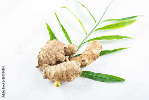 Dried ginger and green ginger leaves