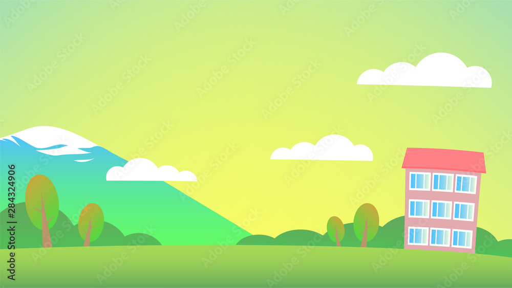 Sunny summer landscape with a residential building, trees and mountains. Vector illustration in cartoon style for a banner.