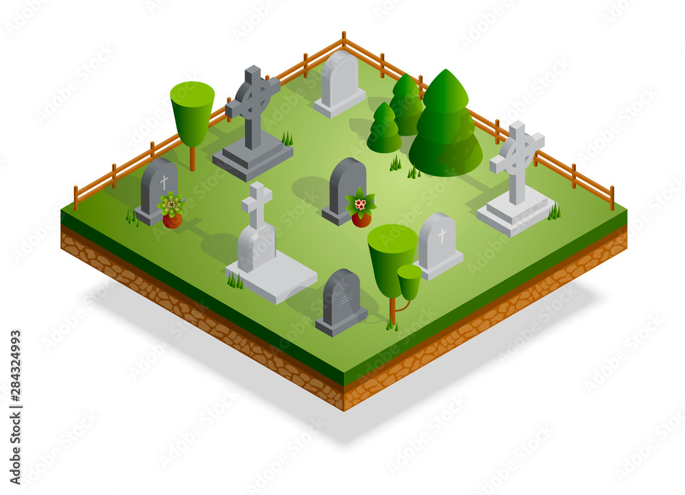 Isometric cemetery isolated on white for web.