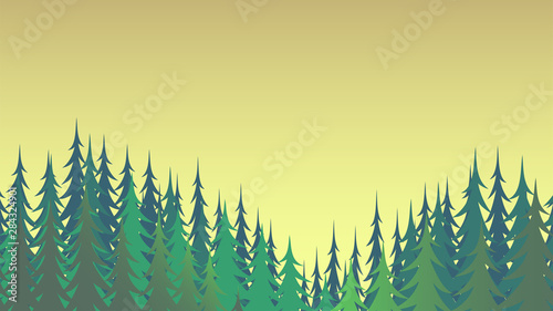 Green coniferous forest and yellow sky. Beautiful background for design. Vector illustration.
