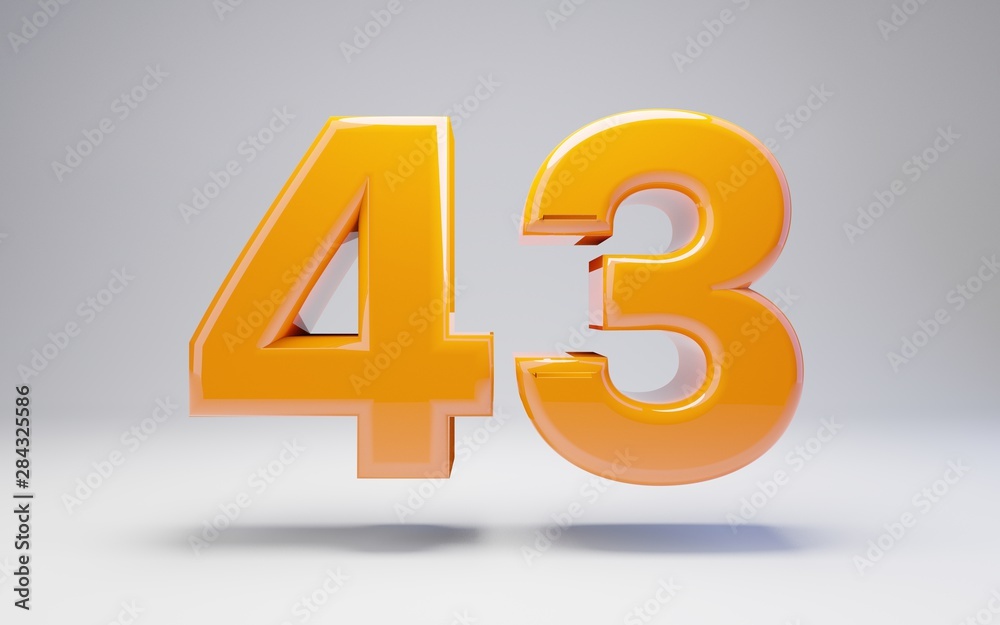 Number 43. 3D orange glossy number isolated on white background.
