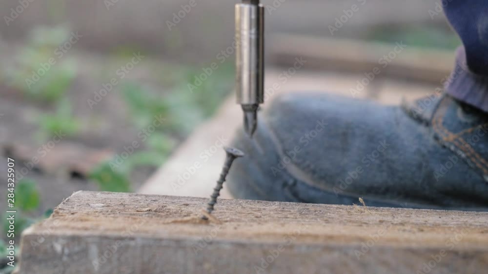 the worker tightens the screw with a screwdriver. Screws screwdriver twist in wooden board. lifestyle Joinery and construction work close up. screw out the screw the worker tightens the screw with a screwdriver. Screws screwdriver twist in wooden board. lifestyle Joinery and construction work close up. screw out the screw