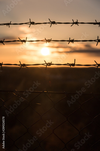 sunset behind the barbed wire in the evening of autumn - fence with sunset background - Sweden 