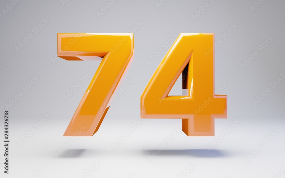 Fototapeta premium Number 74. 3D orange glossy number isolated on white background.