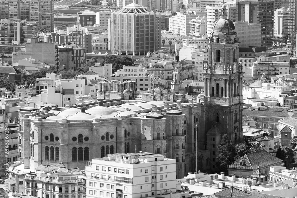 Malaga city in Spain. Black and white photo.