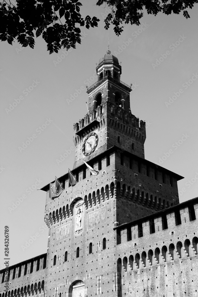 Naklejka premium Milan Castle. Black and white photo.