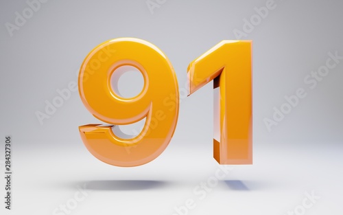 Number 91. 3D orange glossy number isolated on white background.