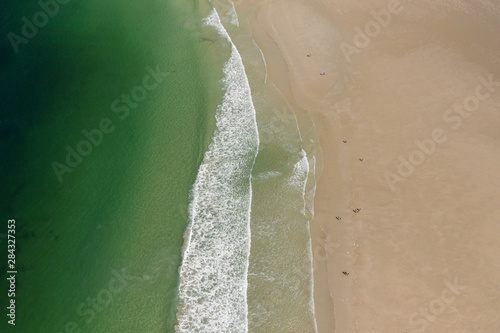 ocean waves, sandy beach, view from drone, Carnota beach, Galicia, Spain