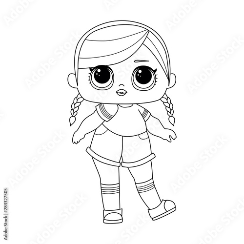 Cute big-eyed little girl with two braids. Linear vector illustration isolated on white background. Coloring pages for younger students and preschoolers.
