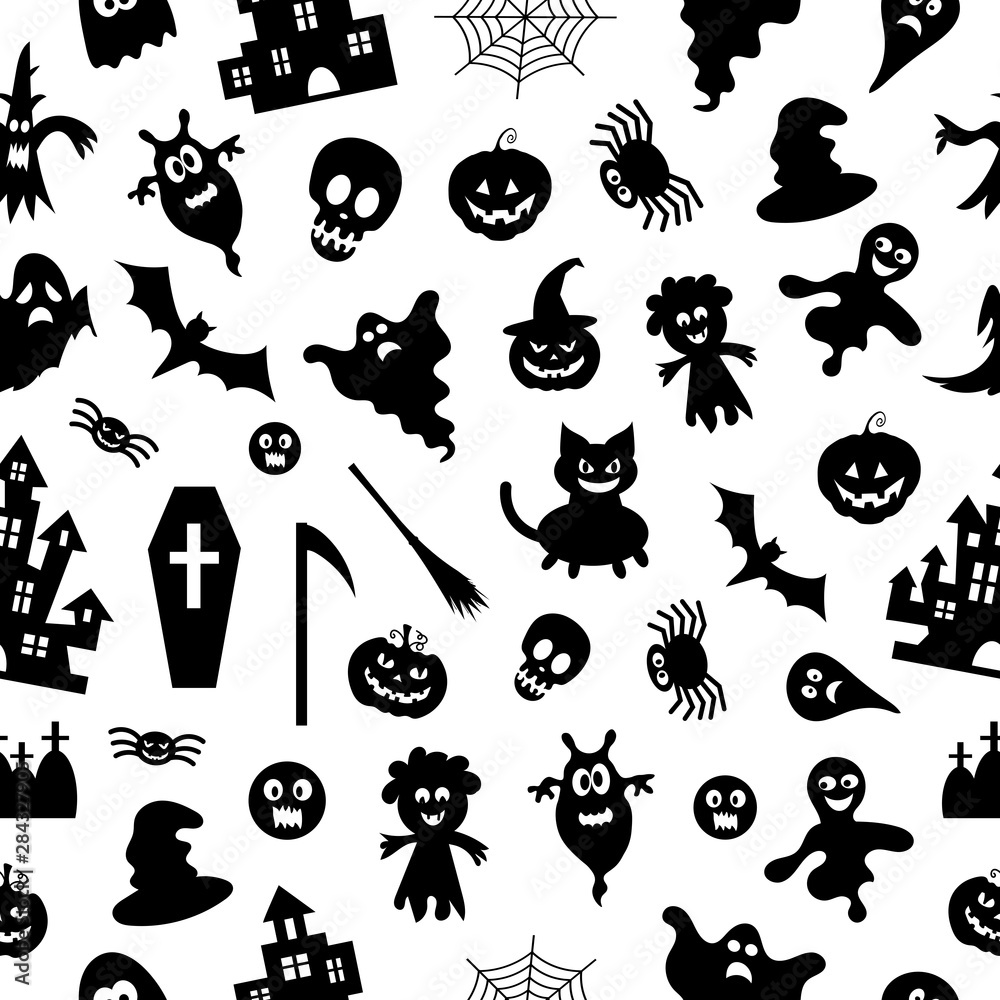 Abstract pattern seamless vector pattern background. Set of silhouettes of Halloween on a white background. Great for fabric, paper, web banners, wallpapers.