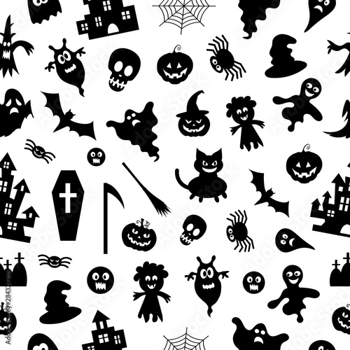 Abstract pattern seamless vector pattern background. Set of silhouettes of Halloween on a white background. Great for fabric, paper, web banners, wallpapers.
