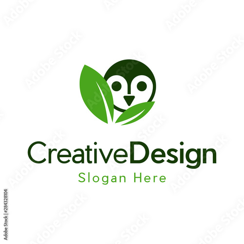 logo design owl leaf, head, green, nature, symbol vector. for animal rescue and zoo, Owl logo with leaf icon vector. photo