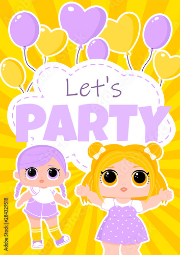 Girlish vertical party invitation with cute big-eyed dolls and balloons on yellow background.