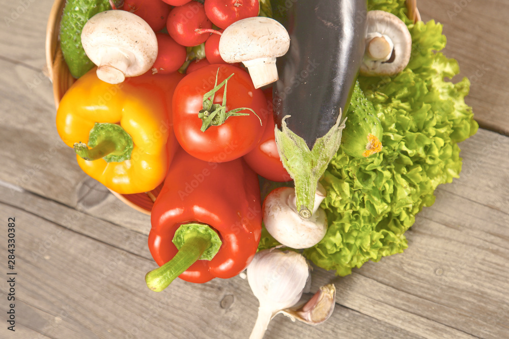 Vegetables . Fresh Bio Vegetable in a Basket. Over Nature Backg Vegetables . Fresh Bio Vegetable in a Basket. Over Nature Backg